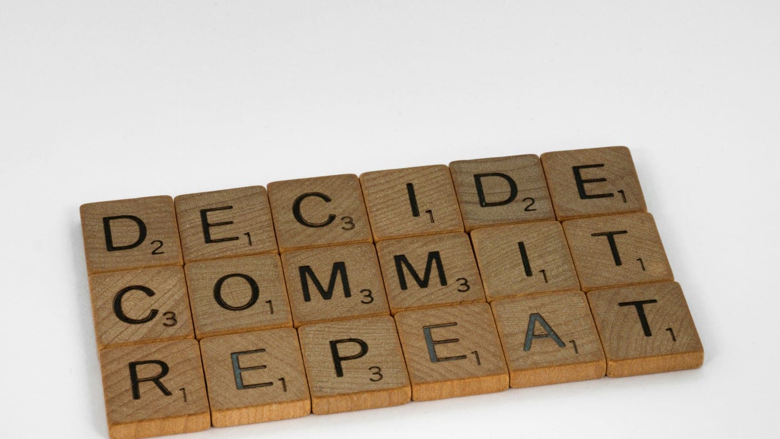Scrabble, scrabble pieces, lettering, letters, wood, scrabble tiles, white background, words, quote, letters, type, typography, design, layout, focus, bokeh, blur, photography, images, image, decide commit repeat, discipline, relentless, training, decisions, action, plan, dream, life, real life, progress, make progress, mindfulness, seize the day, carpe diem, live live, live life to the full,