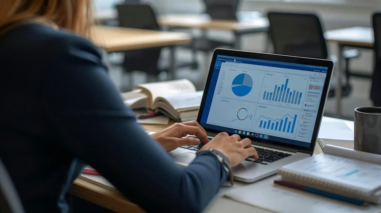 A business professional reviewing charts and performance metrics on a laptop in a modern workspace, representing live data reporting and analytics