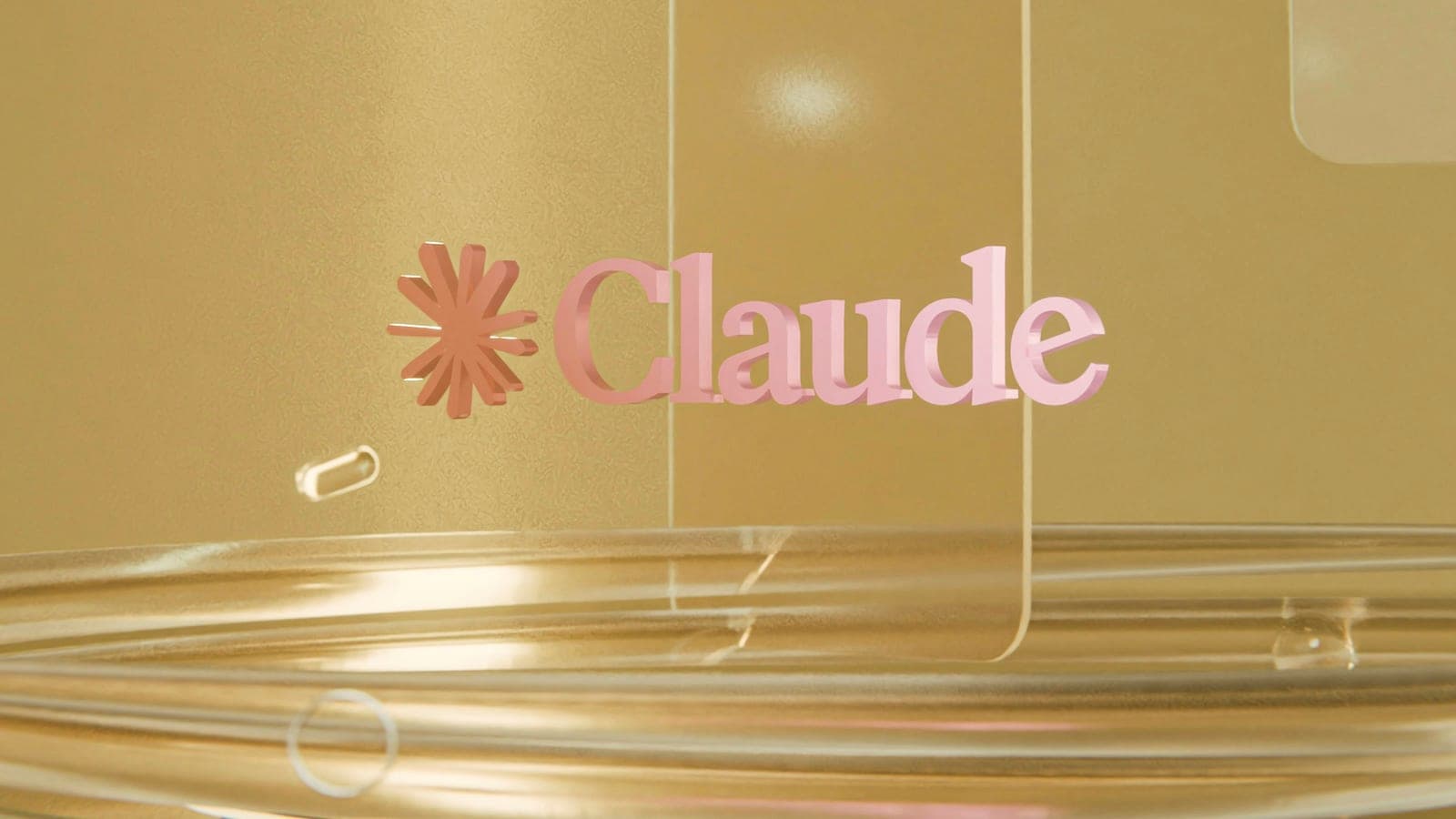 Pink "claude" logo on a golden, reflective background