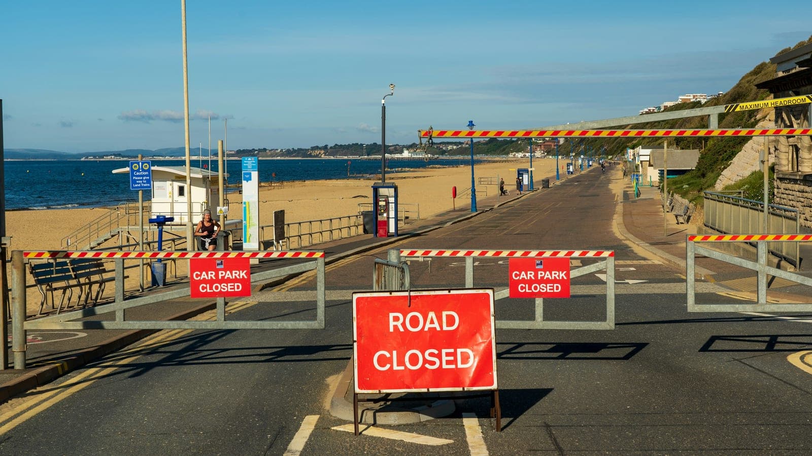 The beach front road closed in Boscombe, Dorset, due to the recent pandemic and lockdown in the UK.