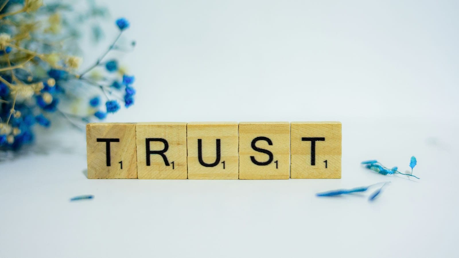 A wooden block that says trust, surrounded by blue flowers