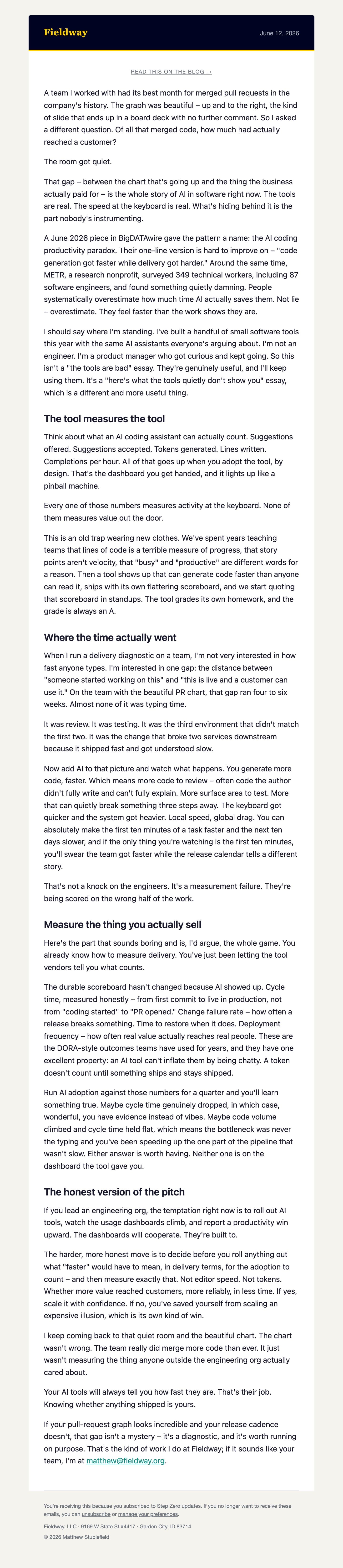 Preview of the most recent newsletter issue: Code Fast, Ship Slow: What Your AI Coding Tools Are Hiding