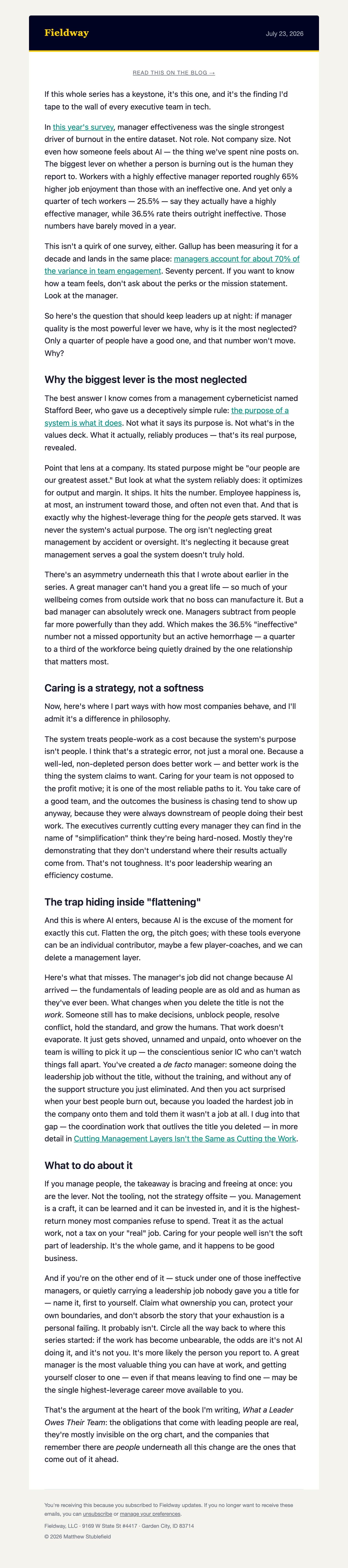 Preview of the most recent newsletter issue: The Cheapest Way to Wreck a Team Is a Bad Manager.