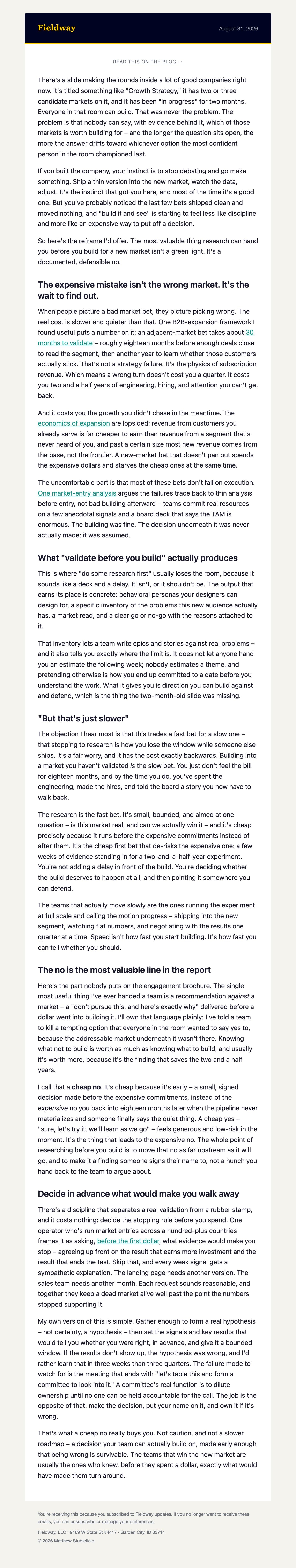 Preview of the most recent newsletter issue: The Most Valuable Thing Research Can Tell You Is "No"