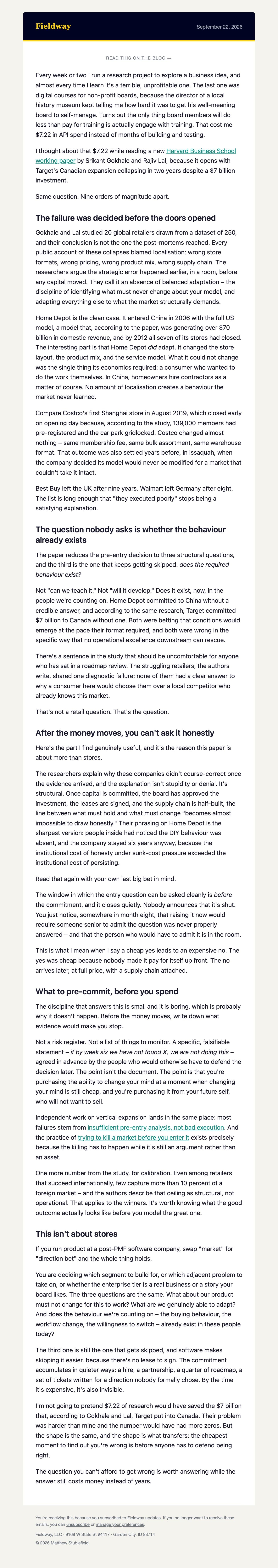 Preview of the most recent newsletter issue: Target Spent $7 Billion in Canada to Learn Something the Third Question Would Have Told Them