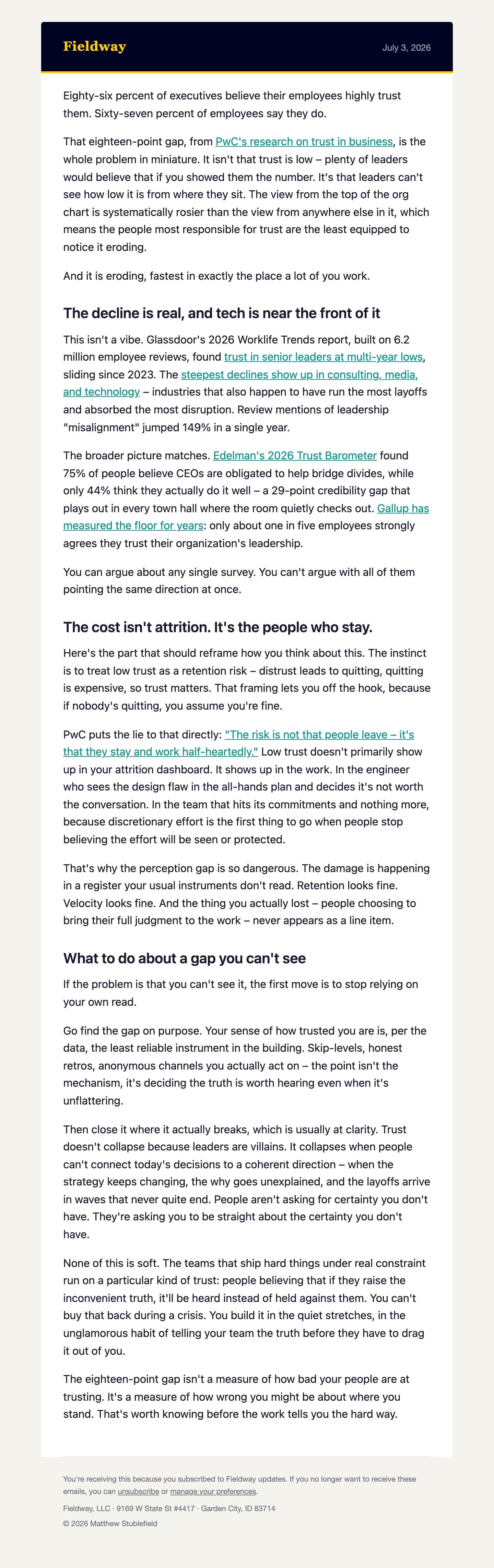 Preview of the most recent newsletter issue: Your Team Doesn't Trust You, and the Data Says You Can't See It