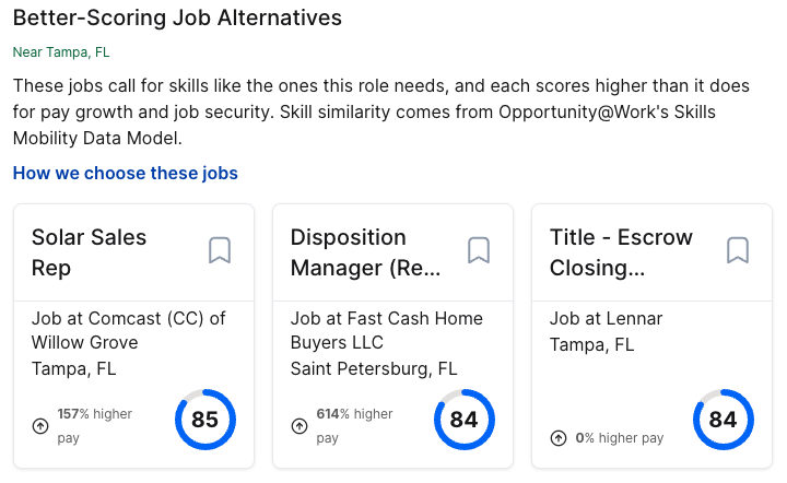 Better-Scoring Job Alternatives on a Tallo job page near Tampa, Florida: three recommended jobs with similar skills, each showing its score and how much more it pays